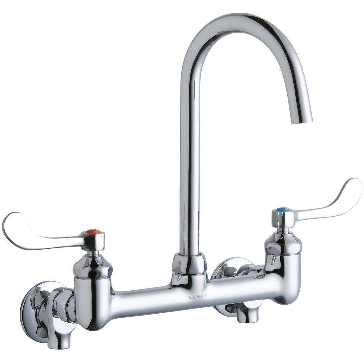 Elkay, Elkay 8" Centerset Deck Mount Laminar Flow Faucet w/5" Gooseneck Spout 4" Wristblade Handles 1/2 Offset Inlets+Stop LK940LGN05T4S