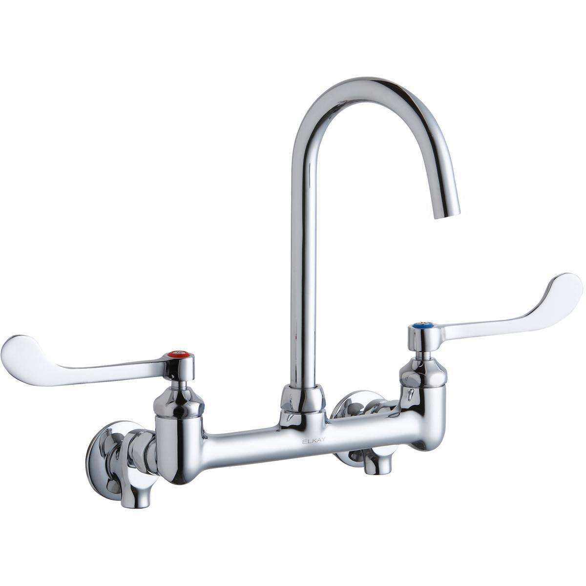 Elkay, Elkay 8" Centerset Deck Mount Laminar Flow Faucet with 5" Gooseneck Spout 6in Wristblade Hndles 1/2 Offset Inlets+Stop LK940LGN05T6S