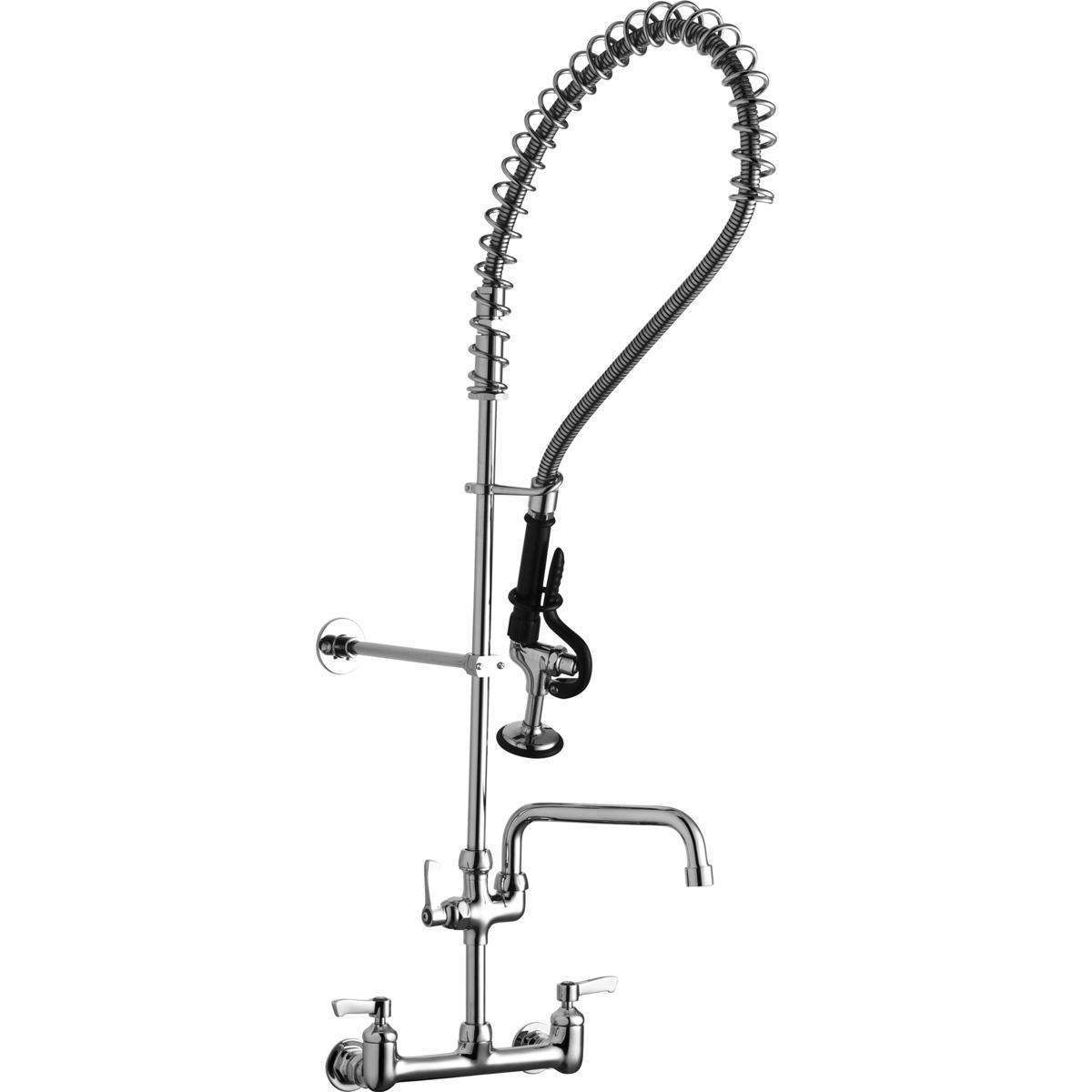 Elkay, Elkay 8" Centerset Wall Mount Faucet 44in Flexible Hose w/1.2 GPM Spray Head + 14in Arc Tube Spout 2in Lever Handles LK943AF14LC