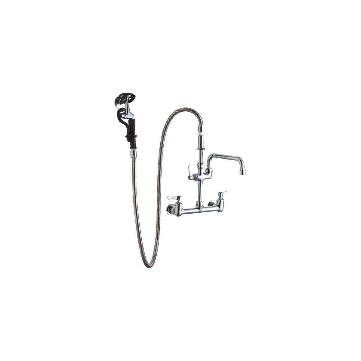 Elkay, Elkay 8" Centerset Wall Mount Faucet 60in Flexible Hose w/1.2 GPM Spray Head + 14in Arc Tube Spout 2in Lever Handles LK960AF14LC