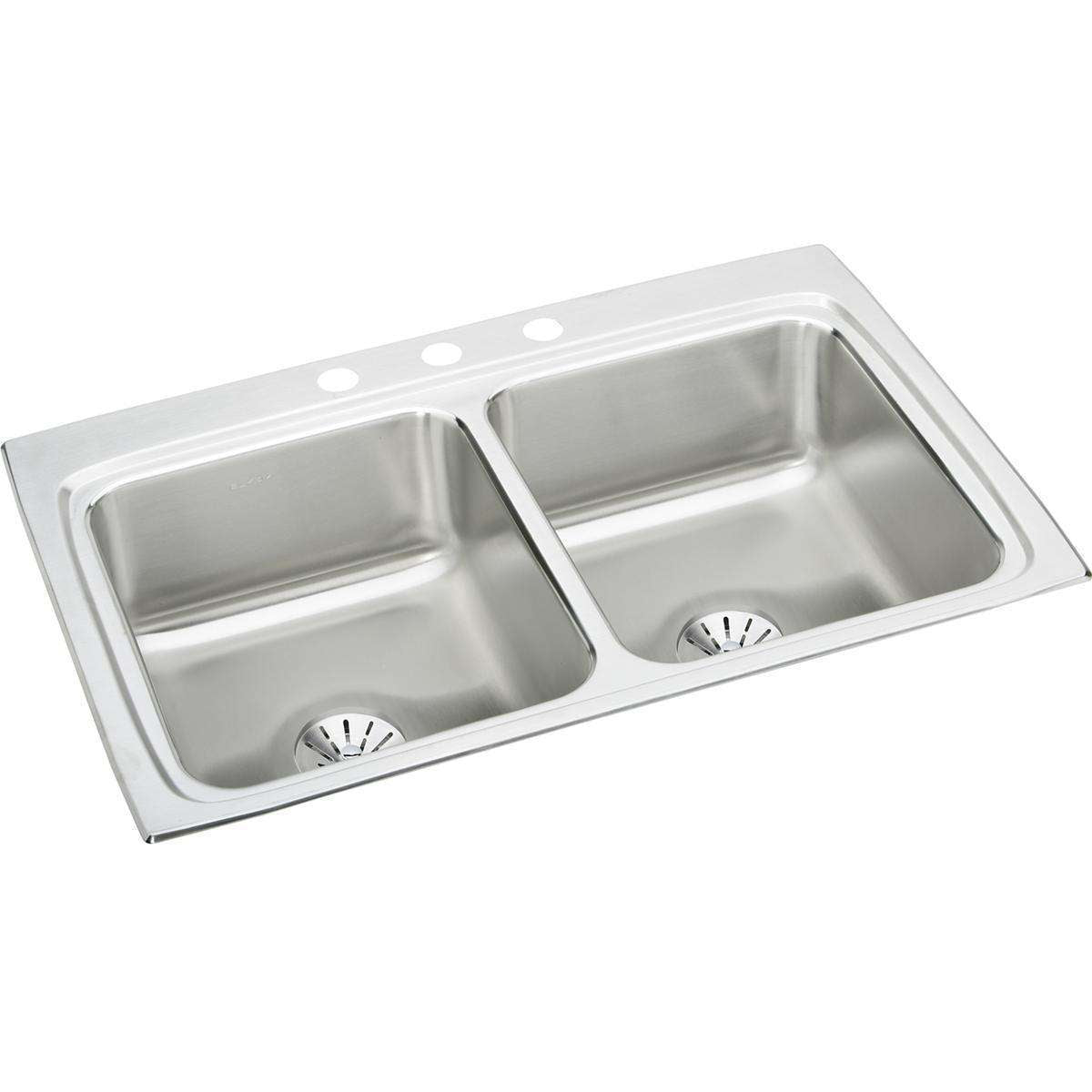 Elkay, Elkay Lustertone Classic Stainless Steel 33" x 22" x 8-1/8", MR2-Hole Equal Double Bowl Drop-in Sink with Perfect Drain LR3322PDMR2