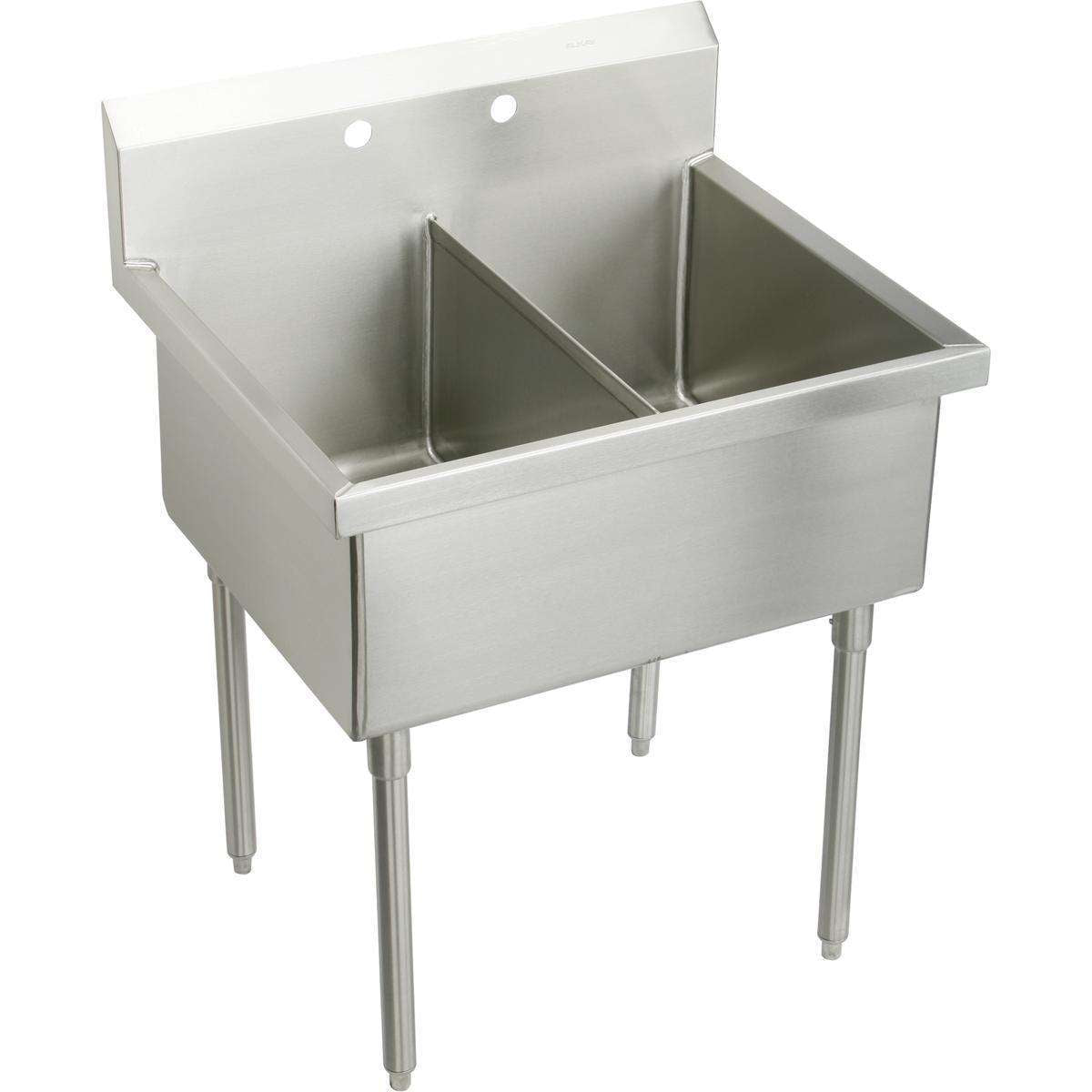 Elkay, Elkay Weldbilt Stainless Steel 33" x 27-1/2" x 14" Floor Mount, Double Compartment Scullery Sink WNSF8230OF4