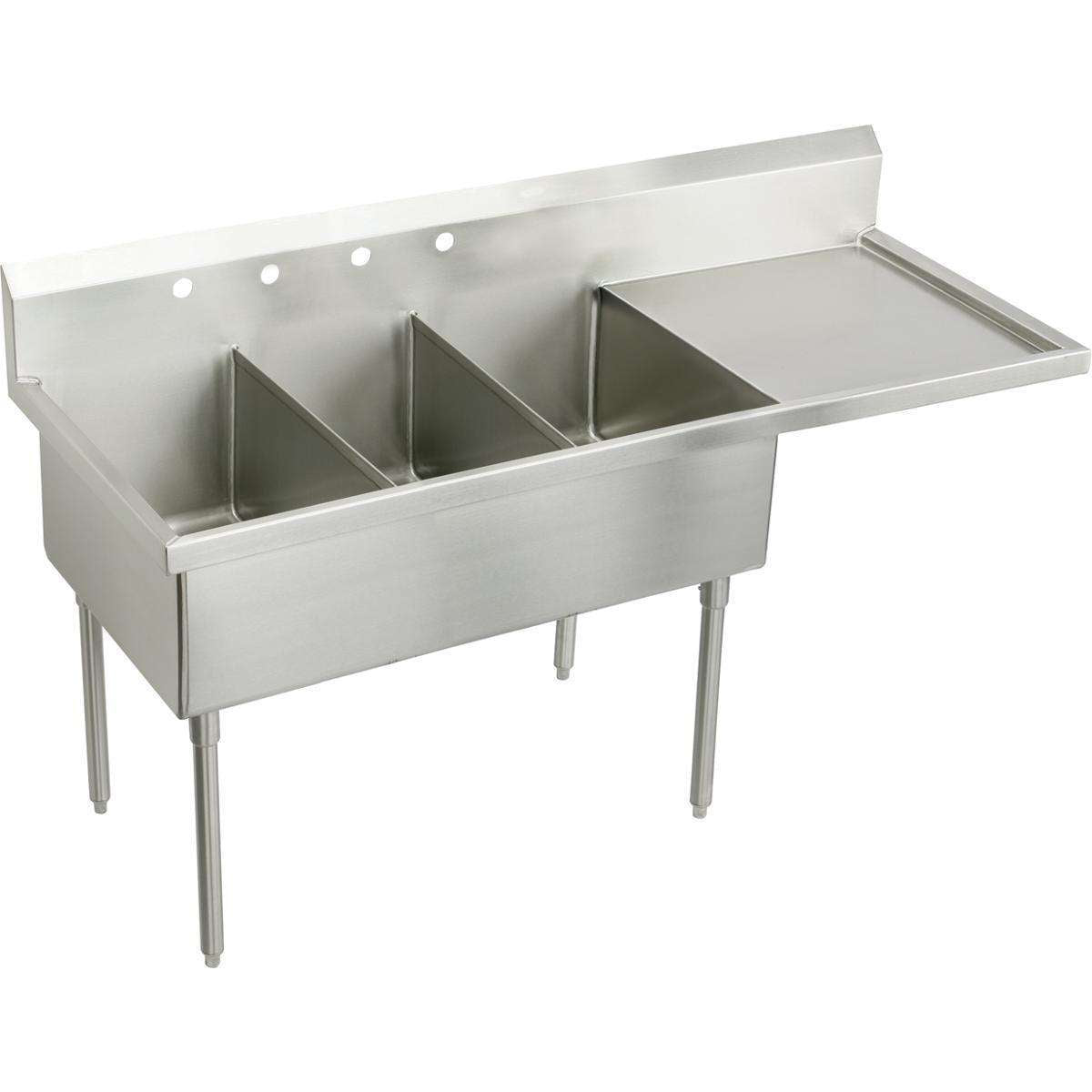 Elkay, Elkay Weldbilt Stainless Steel 79-1/2" x 27-1/2" x 14" Floor Mount, Triple Compartment Scullery Sink with Drainboard WNSF8354ROF6